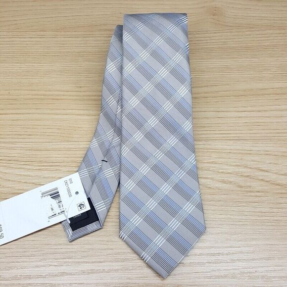 CALVIN KLEIN Mens Neck Tie Gray Cream Plaid Check Silk Blend - Picture 1 of 5